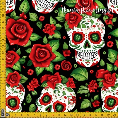 TKANINA WODOODPORNA OXFORD Halloween, Día de los Muertos - białe czaszki w czerwonych różach na czarnym tle