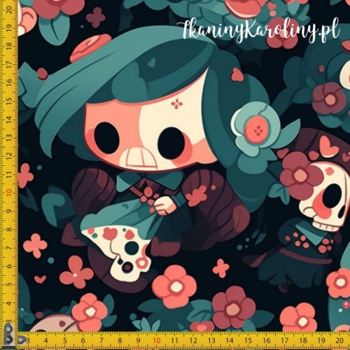 WELUR TAPICERSKI Halloween, Día de los Muertos - laleczki i czaszki w kwiatach na ciemnym tle [6-8]