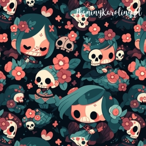 SOFTSHELL WODOODPORNY Halloween, Día de los Muertos - laleczki i czaszki w kwiatach na ciemnym tle [6-8]