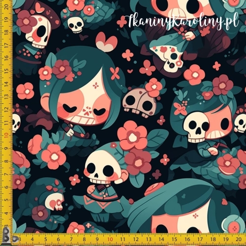 TKANINA WODOODPORNA OXFORD Halloween, Día de los Muertos - laleczki i czaszki w kwiatach na ciemnym tle