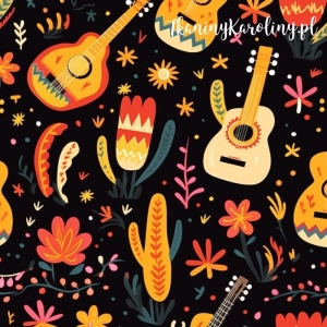 SOFTSHELL WODOODPORNY Halloween, Día de los Muertos - gitary, kwiaty i kaktusy na czarnym tle [6-8] 
