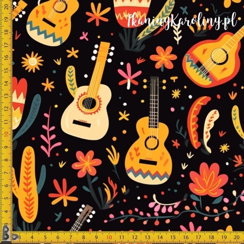 SOFTSHELL WODOODPORNY Halloween, Día de los Muertos - gitary, kwiaty i kaktusy na czarnym tle