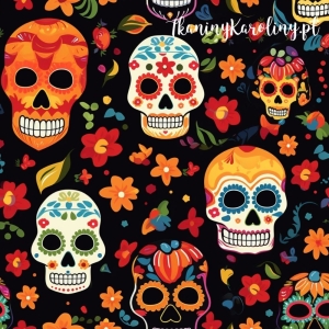 WELUR TAPICERSKI Halloween, Día de los Muertos - czarne, pomarańczowe i białe czaszki w kwiatach na czarnym tle [6-8]
