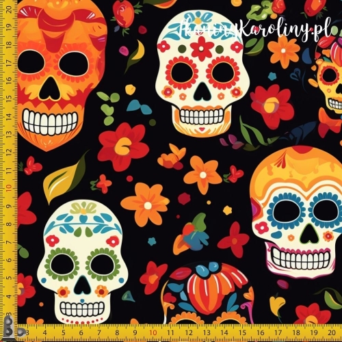 TKANINA WODOODPORNA OXFORD Halloween, Día de los Muertos - czarne, pomarańczowe i białe czaszki w kwiatach na czarnym tle