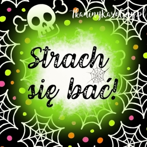 Panel wodoodporny, Neon Halloween - czaszki, białe pajęczyny i kolorowe kropki na czarnym tle (napis) 50x50cm [6-8]