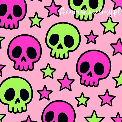 Panel welurowy, Neon Halloween - kolorowe czaszki na różu [6-8]