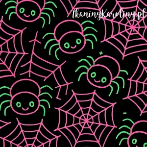 Panel welurowy, Neon Halloween - różowe pajęczyny i pająki na czarnym tle [6-8]