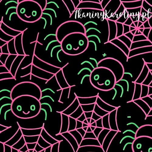 Panel welurowy, Neon Halloween - różowe pajęczyny i pająki na czarnym tle