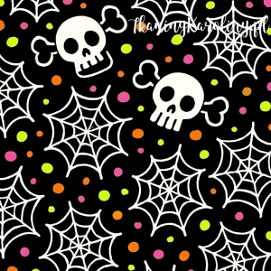 Panel welurowy, Neon Halloween - czaszki, białe pajęczyny i kolorowe kropki na czarnym tle [6-8]