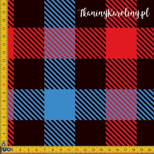 WELUR TAPICERSKI Krata szkocka, tartan - niebieskie, czerwone i czarne - kwadraty