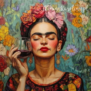 Panel welurowy - Frida Kahlo - kieliszek wina, kwiecista tapeta w tle [6-8]