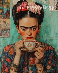 Panel wodoodporny 40x50cm - Frida Kahlo - z białą filiżanką na turkusowym tle [6-8] 