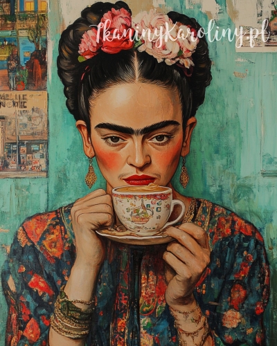 Panel wodoodporny 40x50cm - Frida Kahlo - z białą filiżanką na turkusowym tle [6-8]