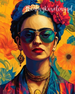 Panel wodoodporny 40x50cm - Frida Kahlo - twarz w okularach na tle pomarańczowych kwiatów [6-8]