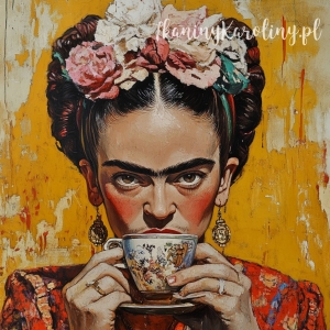 Panel welurowy - Frida Kahlo - z białą filiżanką na pomarańczowym tle [6-8]
