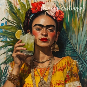 Panel welurowy - Frida Kahlo - koktajl z limonkąna tle liści palmowych [6-8]