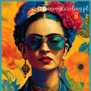 Panel wodoodporny - Frida Kahlo - twarz w okularach na tle pomarańczowych kwiatów [6-8]