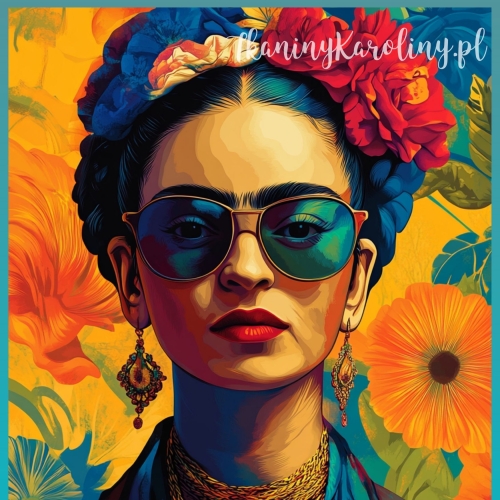 Panel wodoodporny - Frida Kahlo - twarz w okularach na tle pomarańczowych kwiatów [6-8]