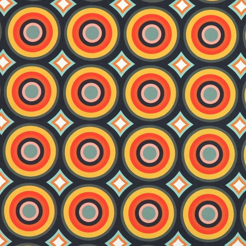 TKANINA WODOODPORNA Kółka retro pomarańczowe na grafitowym