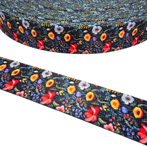 Taśma nośna drukowana 38 mm Łąka wzór haftowany maki