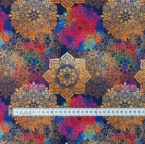 TKANINA WODOODPORNA Mandale tęczowe na granatowym